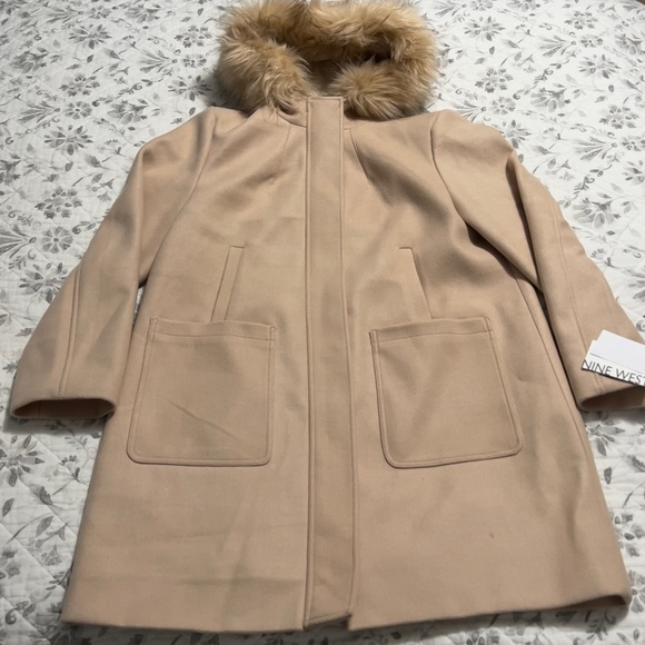 Nine West Blush Hooded Faux Fur Trim Wool Blend Coat XXL